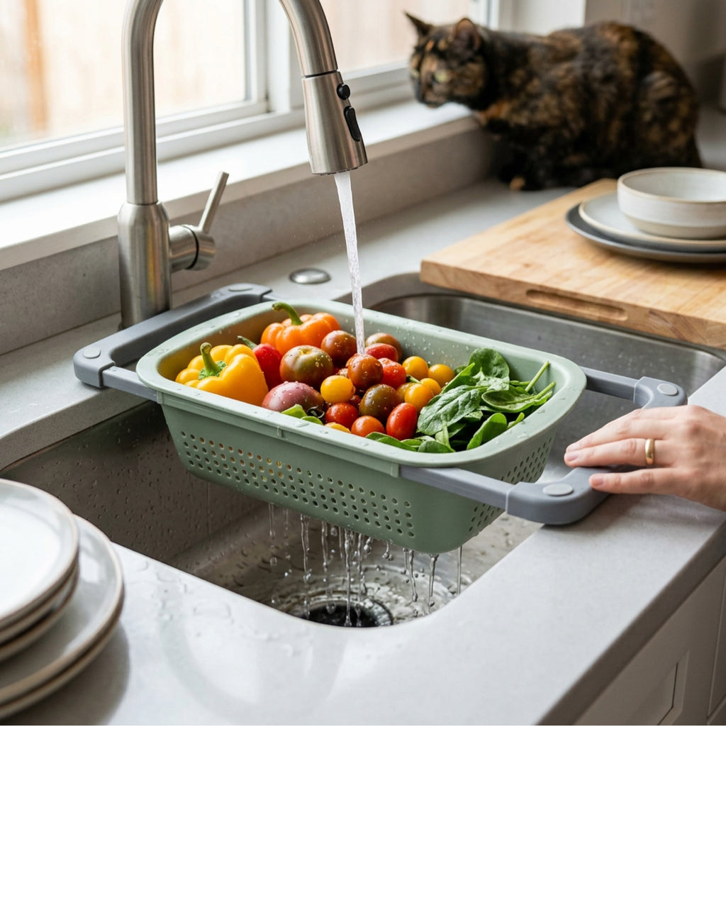 Vqun Expandable Over-Sink Colander 39-56 cm Sage - Lifestyle view